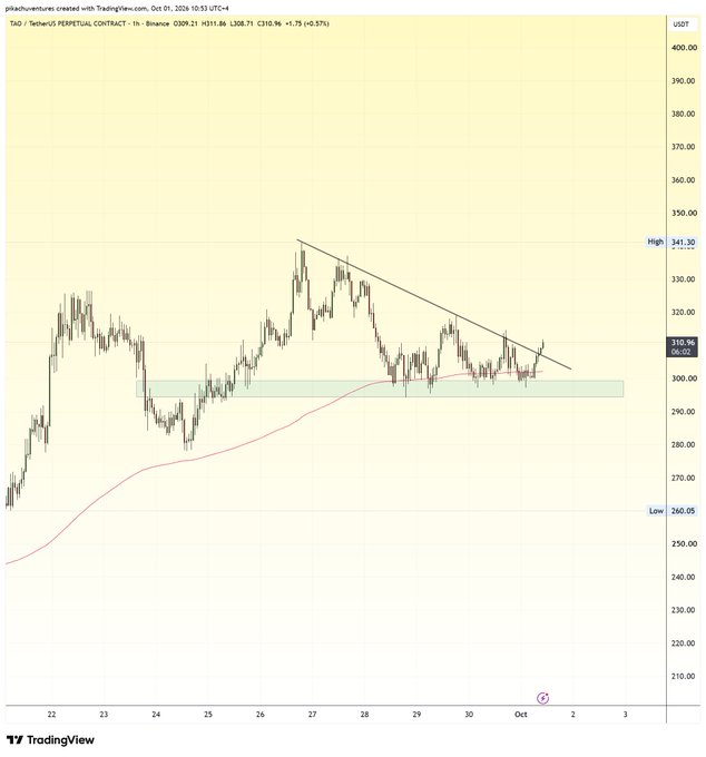 A TradingView 1-hour candlestick chart of TAO/USDT Perpetual Contract on Binance (dated Oct 01, 2024 10:53 UTC) shows the price at $310.96 (+0.57%), with TAO having held a support zone near $300 (marked with a horizontal green band) and broken above a descending trendline, confirming the bullish setup described in the post.