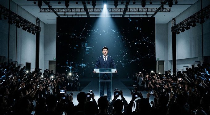 A man in a dark suit stands alone at a podium on a brightly lit stage, facing a large crowd of journalists and photographers holding up cameras and phones to capture the moment. The dramatic scene visually captures the high-stakes public address referenced in the post, where the speaker appears composed and authoritative despite the surrounding scrutiny and controversy.