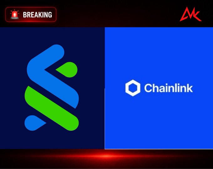 A breaking news graphic displays the logos of INJ (Injective) and Chainlink side-by-side against a blue background, with a 'BREAKING' alert badge and an 'MK' logo at the top.