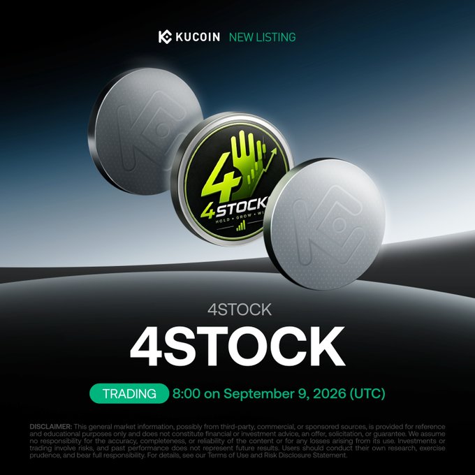 KuCoin announces the new listing of 4STOCK token with trading scheduled for 8:00 UTC on September 9, 2026, featuring a metallic coin design displaying the "4STOCK" logo with a green hand graphic alongside the KuCoin branding.
