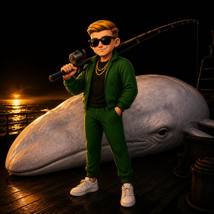 A blonde boy in sunglasses and a green tracksuit poses with a fishing rod beside an enormous beached whale at sunset, illustrating the post's boast of a record-breaking 149,017.696 KG catch at the Sixsevenapp Fisher Tournament.
