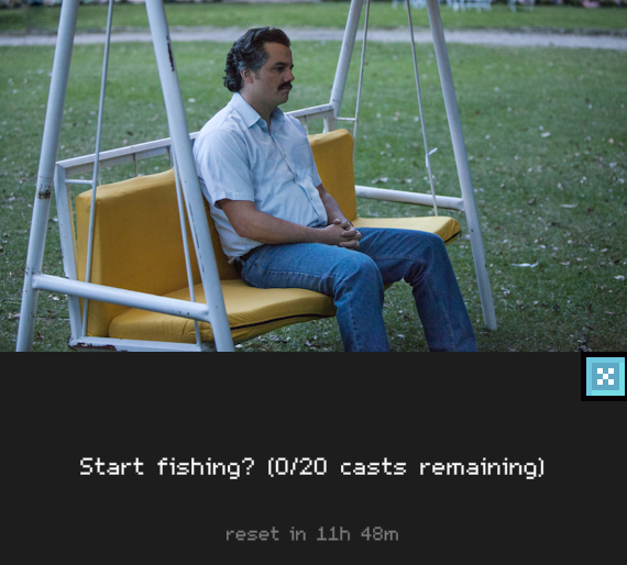 A man sits on a yellow swing bench in a park, overlaid with the text 'Start fishing? (0/20 casts remaining)' and 'reset in 11h 48m'.
