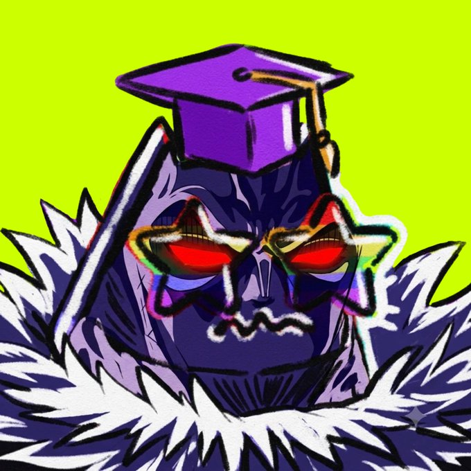 The image depicts a stylized, fierce-looking character with glowing red eyes, a purple graduation cap, and a spiky fur collar against a bright yellow-green background. As described in the accompanying post, this artwork appears to be a unique 1/1 piece from the "Meow Nation" NFT collection, created specifically for someone referred to as "SafZ."