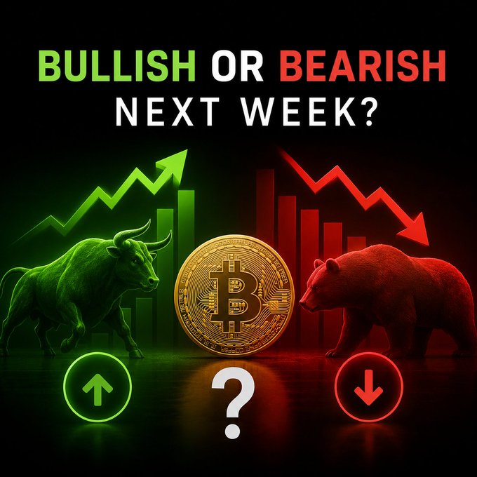 A graphic featuring the text 'BULLISH OR BEARISH NEXT WEEK?' shows a green bull on the left with an upward arrow and a red bear on the right with a downward arrow, separated by a Bitcoin coin in the center.