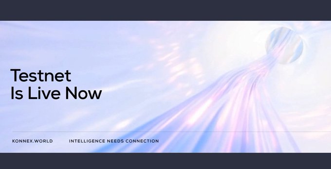 The image is a promotional banner with the headline "Testnet Is Live Now" displayed in bold dark text against a soft, iridescent background featuring flowing light streams and a translucent sphere. At the bottom, "KONNEX.WORLD" appears alongside the tagline "INTELLIGENCE NEEDS CONNECTION," reinforcing the announcement that the Konnex testnet is actively running, as described in the post about the off-chain phase for developers and miners to submit models and execute robotic tasks.