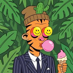 A cartoon character with tiger stripes, smiley-face glasses, and a cactus hat blows bubble gum while holding an ice cream cone, set against a tropical leaf background.