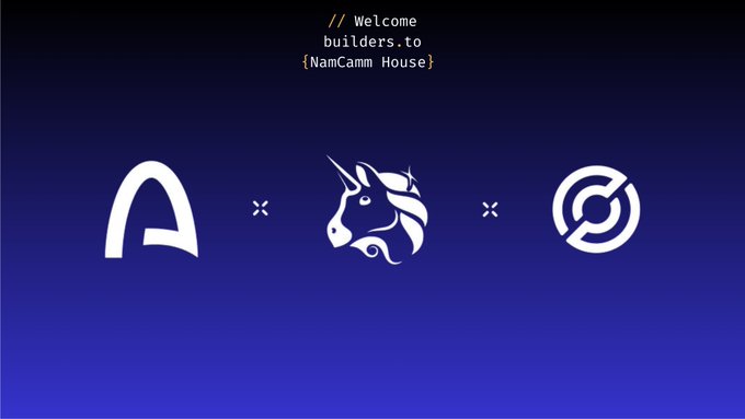 The image features a logo with an unicorn, a letter "A", and a circle with a dot inside of it. The background color is blue, which contrasts with the white elements in the design. The text accompanying the logo reads "Welcome builders (to) @NanCanam House".