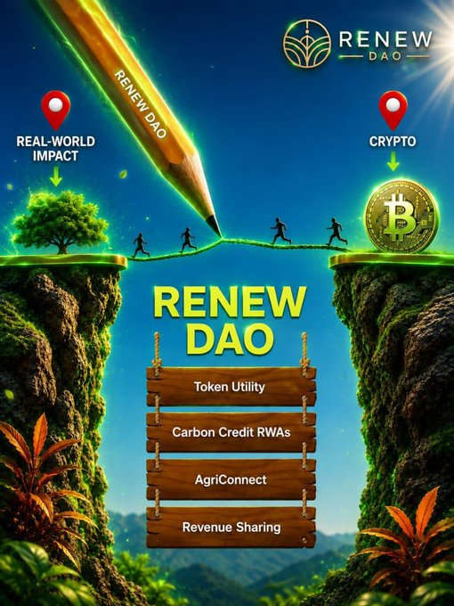 Renew DAO promotional graphic showing a bridge connecting 'REAL-WORLD IMPACT' (trees) and 'CRYPTO' (Bitcoin), with features listed: Token Utility, Carbon Credit RWAs, AgriConnect, and Revenue Sharing.