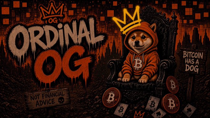A stylized graphic displays a Shiba Inu dog wearing an orange Bitcoin hoodie and a yellow crown, sitting on a throne next to graffiti-style text reading 'ORDINAL OG' and signs stating 'BITCOIN HAS A DOG' and 'NOT FINANCIAL ADVICE'.