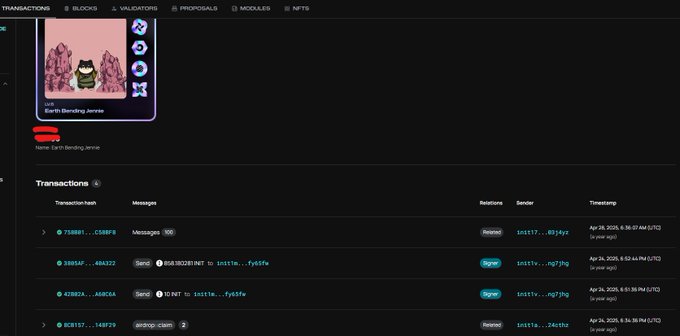 A blockchain explorer interface showing an Earth Blending Jammin NFT with transaction history including sends and claims for address "instt6".
