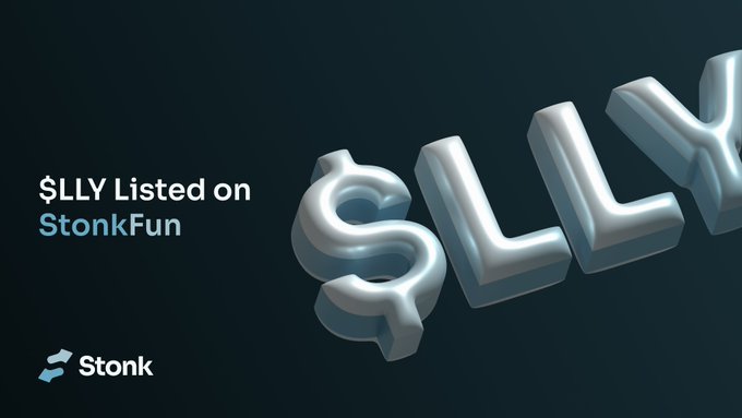 A dark promotional graphic announces "$LLY Listed on StonkFun," featuring large 3D silver "$LLY" lettering on the right and the Stonk logo in the bottom left corner. The image visually reinforces the announcement of the $LLY token's listing on the StonkFun platform.