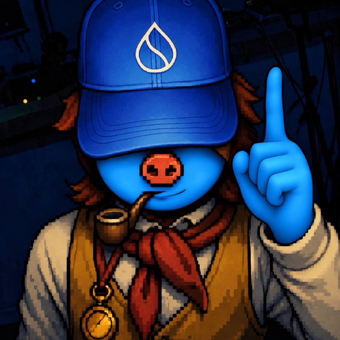 A pixelated/voxel style 3D character with blue skin, wearing a blue cap with a teardrop logo, a red bandana, and smoking a pipe while pointing upward.