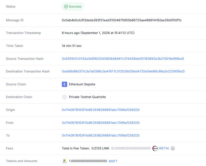 A successful blockchain transaction record showing a transfer of 1 MSFT token from Ethereum Sepolia to Private Testnet Quartzite, taking 14 min 51 sec with a fee of 0.0125 LINK.
