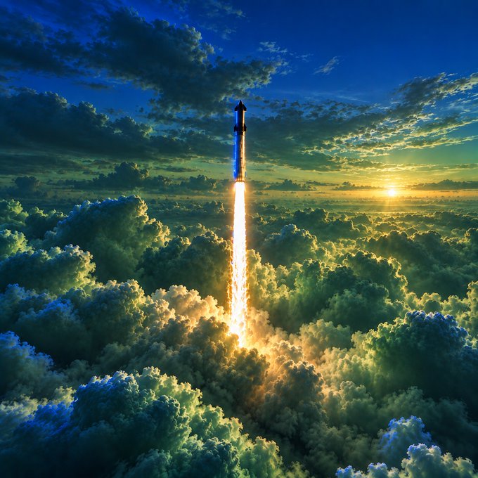 A SpaceX Starship rocket ascends through the clouds with a brilliant flame trailing below it, symbolizing the triumphant achievement referenced in the post about reaching orbit on the first attempt. The image visually parallels the "nailed it on the first try" boast, depicting an extraordinary feat of engineering success.