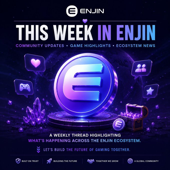 A promotional graphic titled 'THIS WEEK IN ENJIN' with a purple and blue gradient theme, featuring the Enjin logo and icons for community, gaming, and a treasure chest.