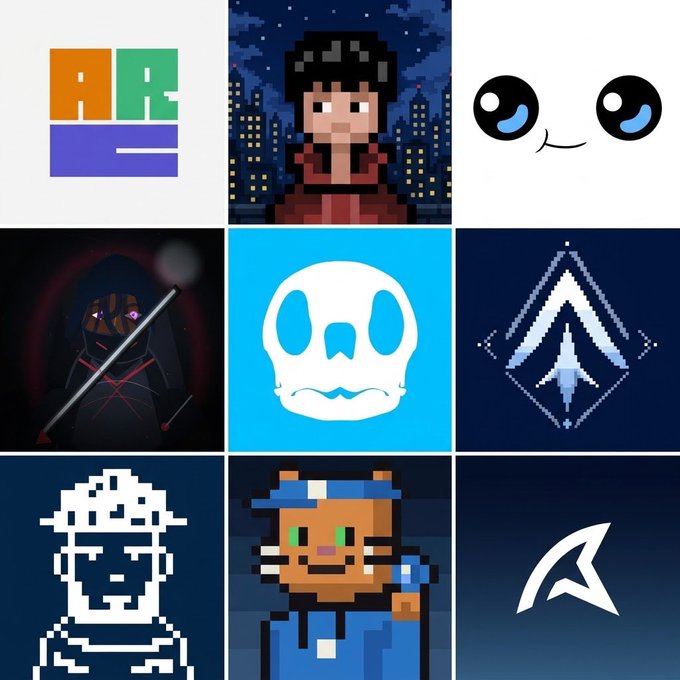 A 3x3 grid of NFT profile pictures featuring various pixel art and digital designs, including characters, a skull, and logos on dark backgrounds.