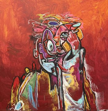 An abstract expressionist painting in red, orange, yellow, blue, and white tones portrays a distorted, multi-eyed face with its mouth wide open against a textured background.