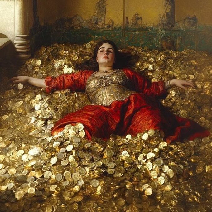 A woman in a flowing red and gold gown lies with arms outstretched amid a vast sea of golden coins, evoking the fable of Midas. The image humorously invites the viewer to imagine the coins replaced by tiny men, transforming the shimmering treasure into a crowd of miniature figures.