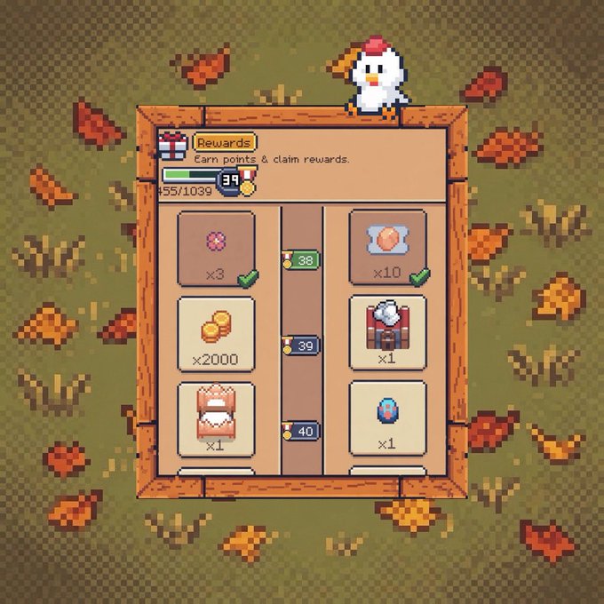 A pixel-art style rewards screen from a mobile game featuring a chicken character at the top, with the progress bar showing 455/1039 points and various reward items including candies, coins, treasure chests, and gems to claim.