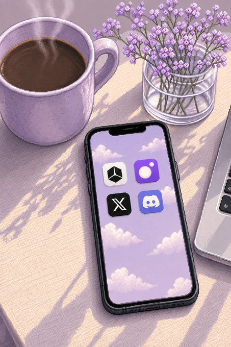 A pastel-themed desk illustration featuring a purple coffee mug with steam, a vase of lavender flowers, and a smartphone displaying social media app icons (a black/white logo, Instagram, X, Discord) over a cloud-patterned purple background.