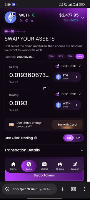 A screenshot of a mobile crypto wallet app showing a token swap interface with WETH valued at $2,477.95 and an option to swap tokens.