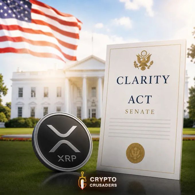 The image features a white building with an American flag flying above it, accompanied by a coin and a document titled "Clarity Act Senate" written on top of it. The coin has the letters "XRP" printed on it, while the document displays the words "CRYPTO FRAUDULENT ACT". The combination of these elements suggests that there might be discussions or debates about cryptocurrency regulations in the future.
