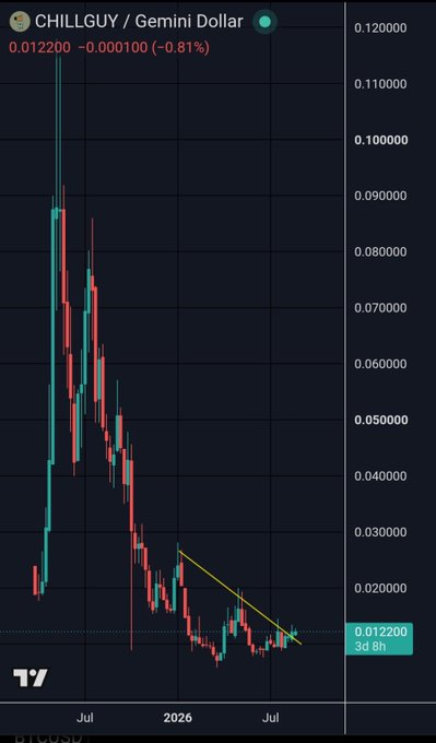 A candlestick chart of CHILLGUY/Gemini Dollar shows the meme coin's dramatic decline from a peak near $0.11 down to $0.0122 (a -0.81% move), with a yellow descending trendline suggesting potential for a reversal rebound. The visualization supports the poster's view that despite holding minimal position, CHILLGUY may be setting up for a bounce after its steep downtrend.