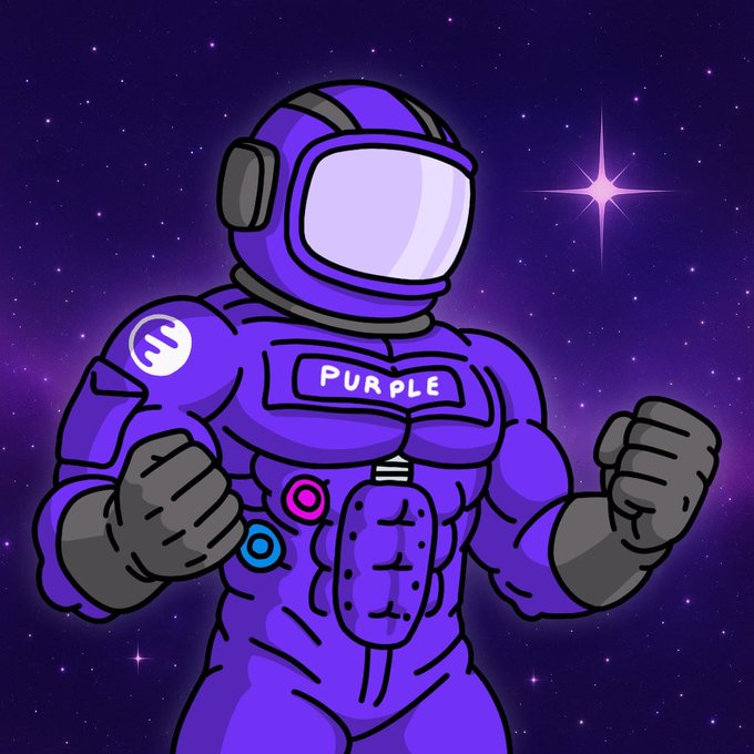 A cartoon illustration of a muscular purple astronaut wearing a suit labeled 'PURPLE' with a dollar sign on the shoulder, set against a starry purple space background.
