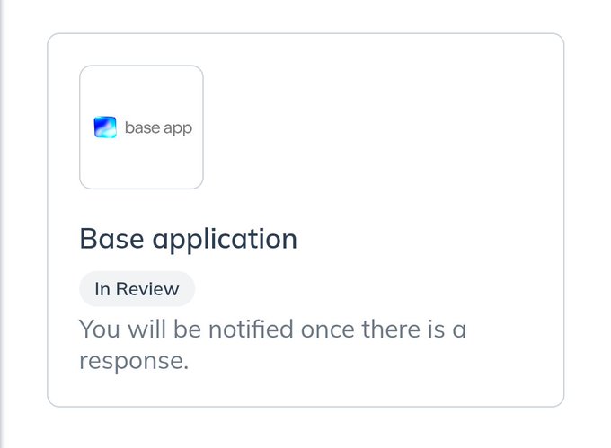 The image shows a screenshot of an email from a user named "@baseapp" who has just applied for the Base App program. The email contains information about the application, including instructions on how to apply and the expected response time.