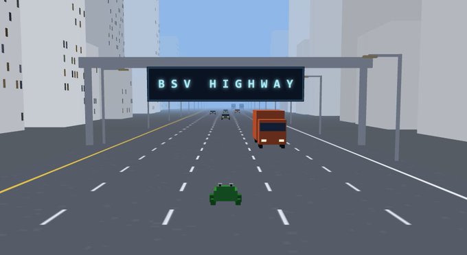The image shows a city street with a highway sign for "BSV Highway", indicating an exit or junction where vehicles are allowed to pass through. A red truck is driving down the road, while another car follows behind at a safe distance. The scene also includes buildings and trees in the background, giving it a realistic urban feel.