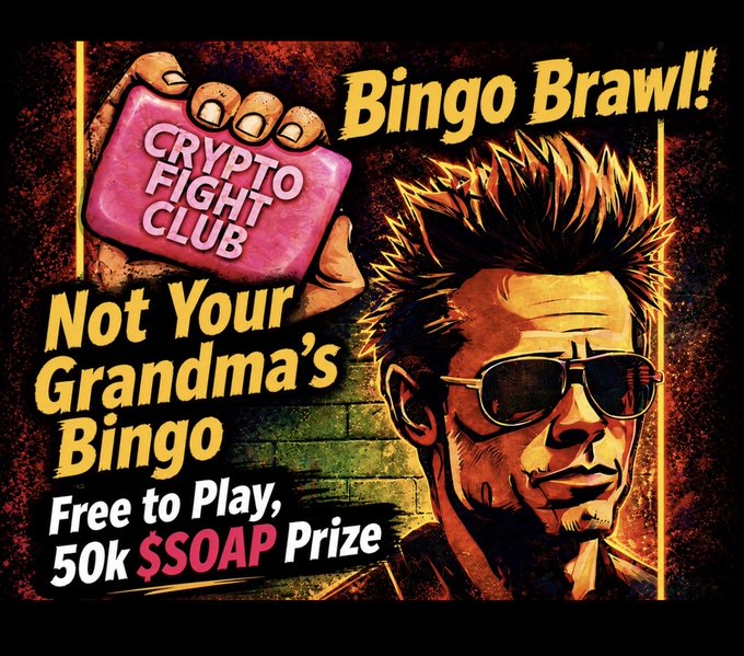A promotional graphic for a game called 'CRYPTO FIGHT CLUB Bingo Brawl! Not Your Grandma's Bingo', advertising a 'Free to Play, 50k $SOAP Prize' with an illustration of a man with a mohawk and sunglasses.