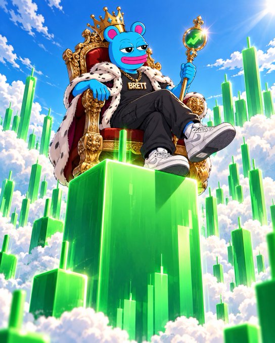 A vibrant digital illustration of a crowned blue bear character named 'BRETT' sitting on a golden throne holding a scepter, surrounded by green candlestick chart pillars in the clouds.