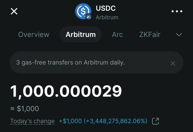 A cryptocurrency wallet screenshot showing a balance of '1,000.000029' USDC on Arbitrum, with a 'Today's change' of '+$1,000 (+3,448,275,862.06%)'.