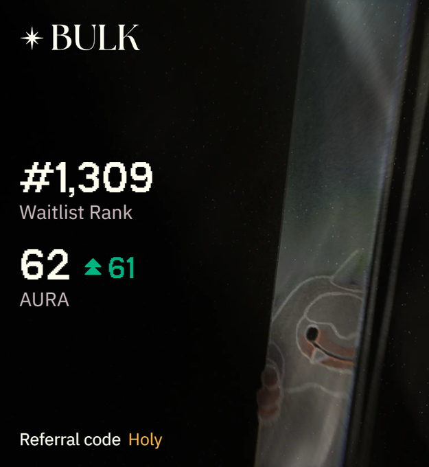The image shows a black background with white text that reads "My first week at bulk trade was succesfully done and now I'm already ape-onboarded! At least on paper, Bulk will be Hyperliquid's only major competitor in the future, So it' s better to keep eyes on it;)". The image also contains a reference code for a promotional post.