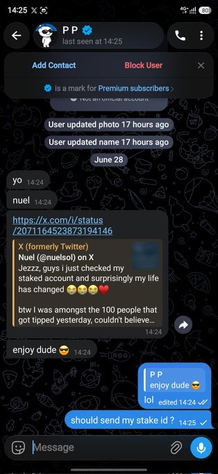 A screenshot of a Telegram chat with "P P" where the user shares a post about making $1 million from staking, and P P replies "enjoy dude 😂" and asks "should send my stake id?"