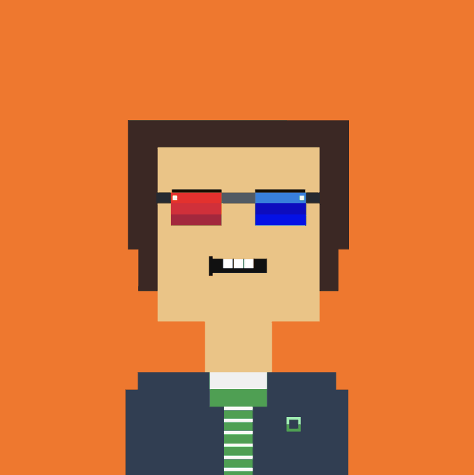A pixel art style portrait of a person wearing red and blue 3D glasses and a green striped tie against an orange background.