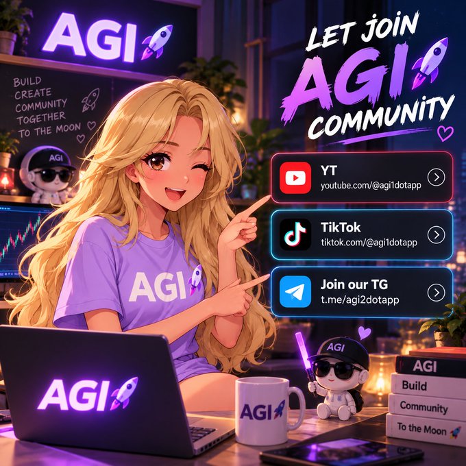 An anime-style illustration of a blonde woman promoting the AGI community with links to YouTube (youtube.com/@agi1dotapp), TikTok, and Telegram (t.me/agi2dotapp).