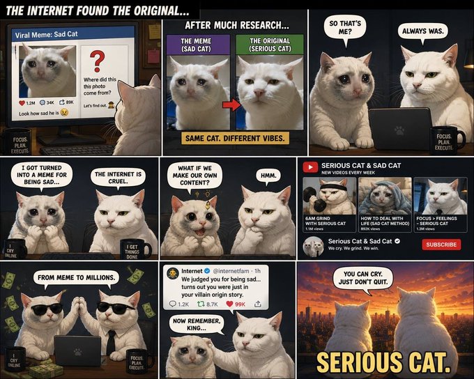 A comic strip titled 'THE INTERNET FOUND THE ORIGINAL...' features the Sad Cat meme discovering it was the Serious Cat all along, showing their journey to fame and monetization.