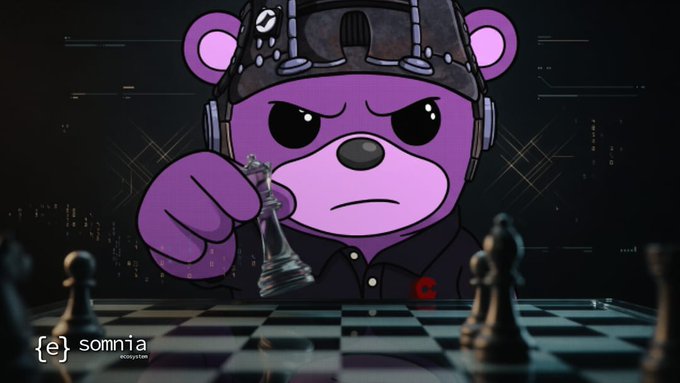 A digital illustration of an angry purple bear wearing a pilot's cap and headphones, moving a chess piece on a board. Text reads '{e}: somnia' and 'ekosystem'.