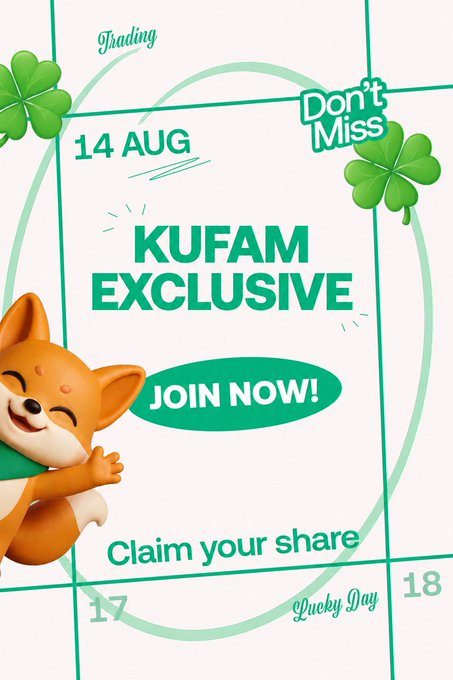A promotional graphic featuring a cheerful 3D fox mascot and green clover decorations, announcing a "KuFam Exclusive" trading event on August 14th with a "Join Now!" button and "Claim your share" call-to-action. The design ties into the KuCoin Lucky Day campaign, inviting new traders to make their first trade for a chance to win a share of $5,000 in cash rewards.