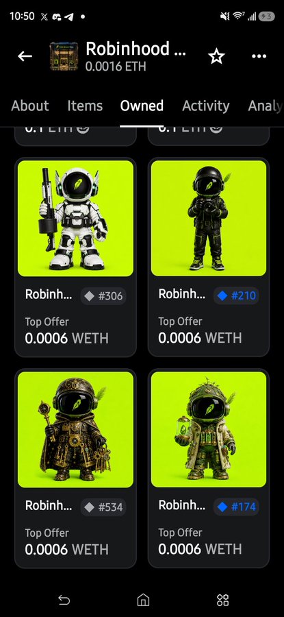 A mobile app screenshot displaying a collection of 'Robinhood' themed NFTs with various astronaut figures, showing prices in ETH (WETH) and item numbers like #306, #210, #534, and #174.