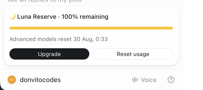 A screenshot of the Codex interface shows a "Luna Reserve" with 100% remaining, which resets on 30 Aug, 0:33. The user, donvitocodes, notes that despite this available reserve, they are unable to continue prompting with Luna after hitting their 5-hour limits.