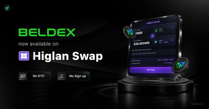 A promotional banner for 'BELDEX' cryptocurrency now available on 'Higlan Swap', featuring a phone mockup and highlighting 'No KYC' and 'No Sign up' features.