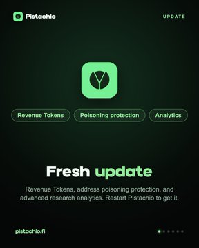 A mobile app screen for 'Pistacho' featuring a green leaf logo, with buttons for 'Revenue Tokens', 'Poisoning protection', and 'Analytics', promoting a 'Fresh update' at pistacho.fi.
