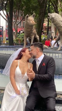 A bride and groom share a kiss in front of an ornate fountain featuring sculptures of wolves or coyotes, capturing the romantic first wedding anniversary celebration described in the post—where the couple, who first met at a Bitcoiner dinner, now joyfully sing each other awake every morning, with the groom tagging @LOReBitcoin.