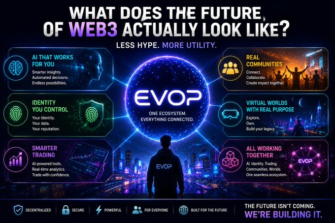 A futuristic promotional graphic titled 'WHAT DOES THE FUTURE OF WEB3 ACTUALLY LOOK LIKE?' featuring the EVOP ecosystem, with features like AI that works for you, identity control, smarter trading, real communities, virtual worlds, and all working together, ending with 'THE FUTURE ISN'T COMING. WE'RE BUILDING IT.'