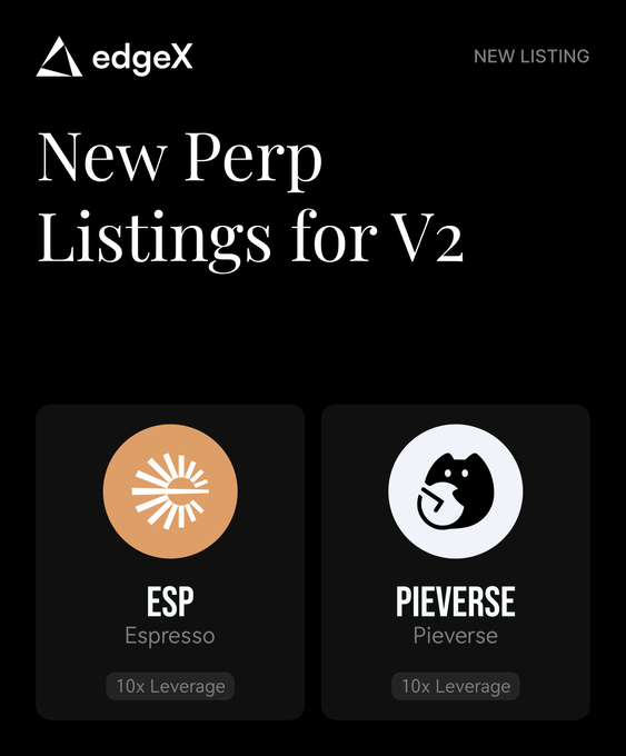 The image is an edgeX announcement graphic titled "New Perp Listings for V2," featuring two new trading pairs: ESP (Espresso) and PIEVERSE (Pieverse), both offered at 10x leverage on the platform.