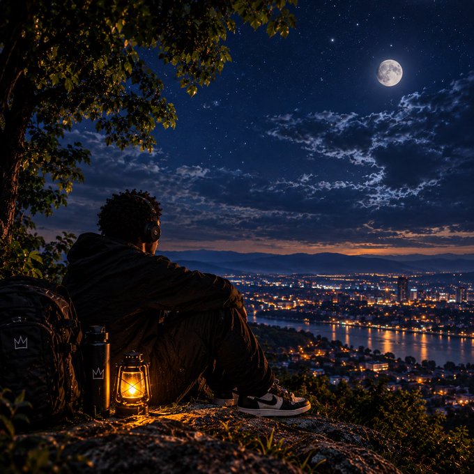 A person wearing headphones sits on a hilltop at night under a moonlit sky, looking down at a city skyline beside a glowing lantern.