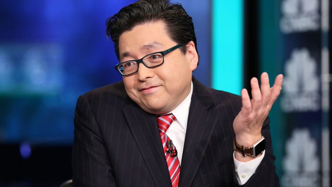 The image shows Tom Lee, a financial analyst, speaking on a televised set while gesturing with his hand. He appears to be discussing the future of Ethereum, as indicated by the accompanying post about Ethereum's transition from its 1.0 to 2.0 era.