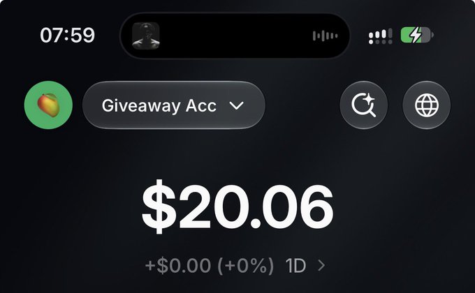 The image shows a digital account dashboard displaying a "Giveaway Acc" with a balance of $20.06 (+0%) alongside a mango logo. The "$20" balance visible in the screenshot corresponds to the "$20 giveaway to 2 people" mentioned in the post.